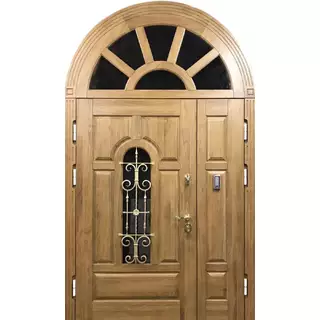 Двустворчатая стальная арочная дверь со стеклом и ковкой Двустворчатая стальная арочная дверь со стеклом и ковкой